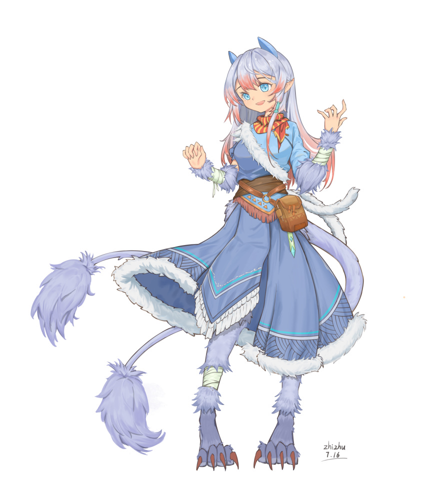 1girl absurdres animal_feet belt_pouch blue_dress blue_eyes breasts claws commentary_request da_zhizhu dress full_body fur-trimmed_dress fur_trim grey_hair highres horns monster_girl multicolored_hair multiple_tails open_mouth original pointy_ears pouch red_hair simple_background small_breasts solo tail two-tone_hair two_tails white_background