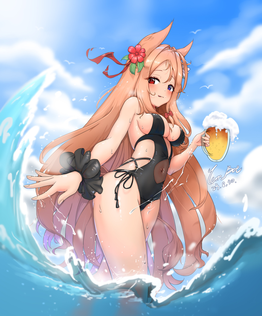 1girl :p absurdres animal_ears archetto_(arknights) arknights beer_mug bird bird_ears blue_eyes blush breasts center_opening clothing_cutout cloud covered_navel cup day flower hair_flower hair_ornament heterochromia highres holding holding_cup long_hair looking_at_viewer mug navel_cutout one-piece_swimsuit outdoors red_eyes seagull sideboob single_wrist_cuff solo sparkle swimsuit tcm_bot tongue tongue_out wading water wrist_cuffs