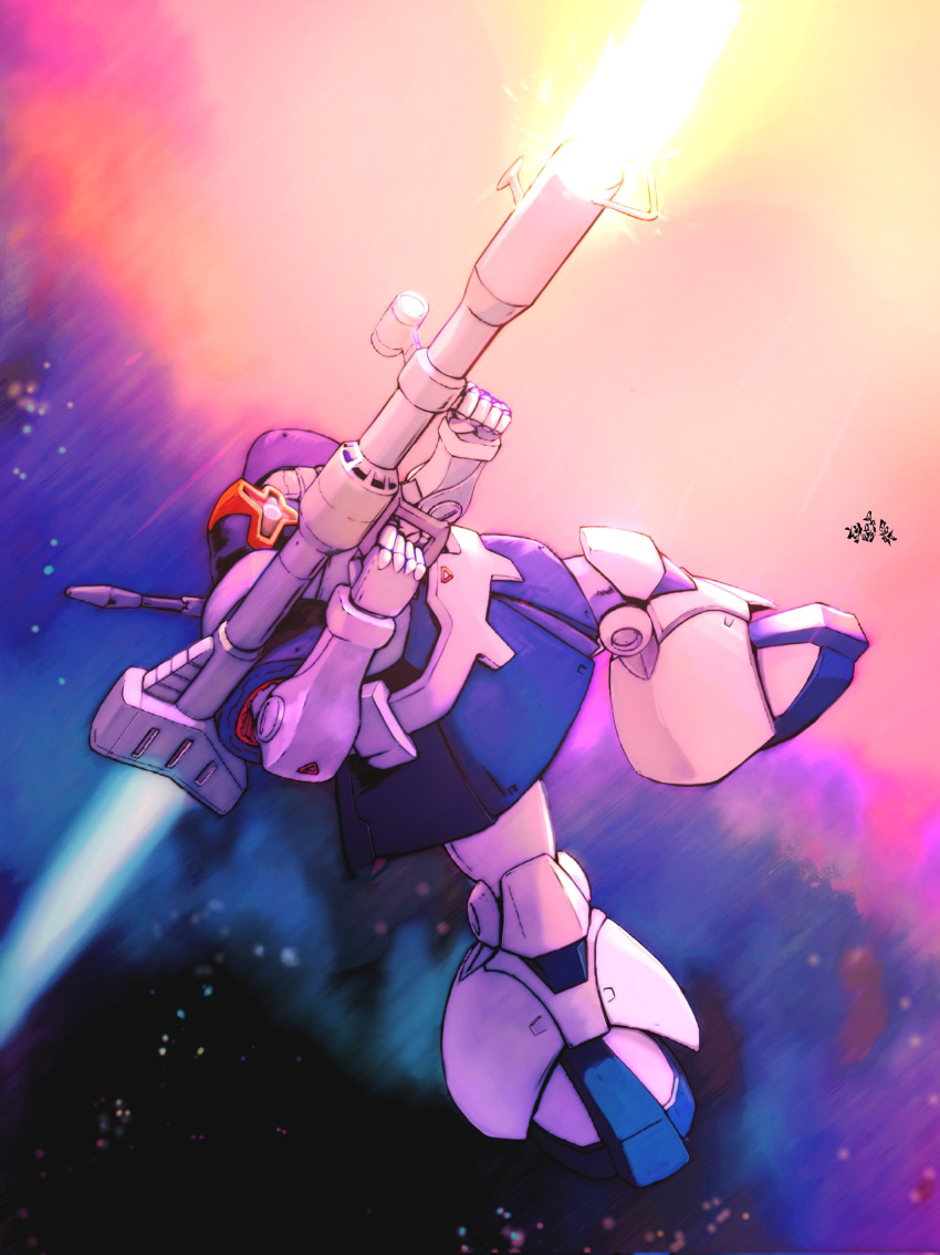 artist_name bazooka_(gundam) dom firing from_side glowing glowing_eye gun gundam highres holding holding_gun holding_weapon mecha mobile_suit mobile_suit_gundam moroboshi_danshaku no_humans one-eyed purple_eyes robot science_fiction solo space weapon