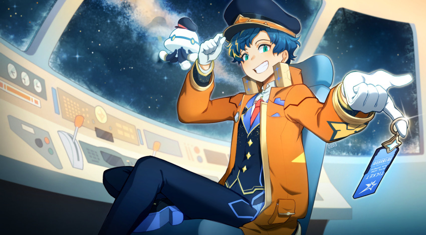 1boy aqua_eyes astel_leda black_headwear black_jacket black_pants blonde_hair blue_hair chair cockpit creature figure_four_sitting foot_out_of_frame gloves grin hand_on_headwear hat highres holostars index_finger_raised jacket lapels looking_at_viewer male_focus mono_(bluesky) multicolored_hair necktie notched_lapels open_clothes open_jacket orange_jacket pants peaked_cap poruneu red_necktie shirt short_hair sitting sky smile solo spacecraft_interior star_(sky) starry_sky streaked_hair swept_bangs ticket virtual_youtuber white_gloves white_shirt