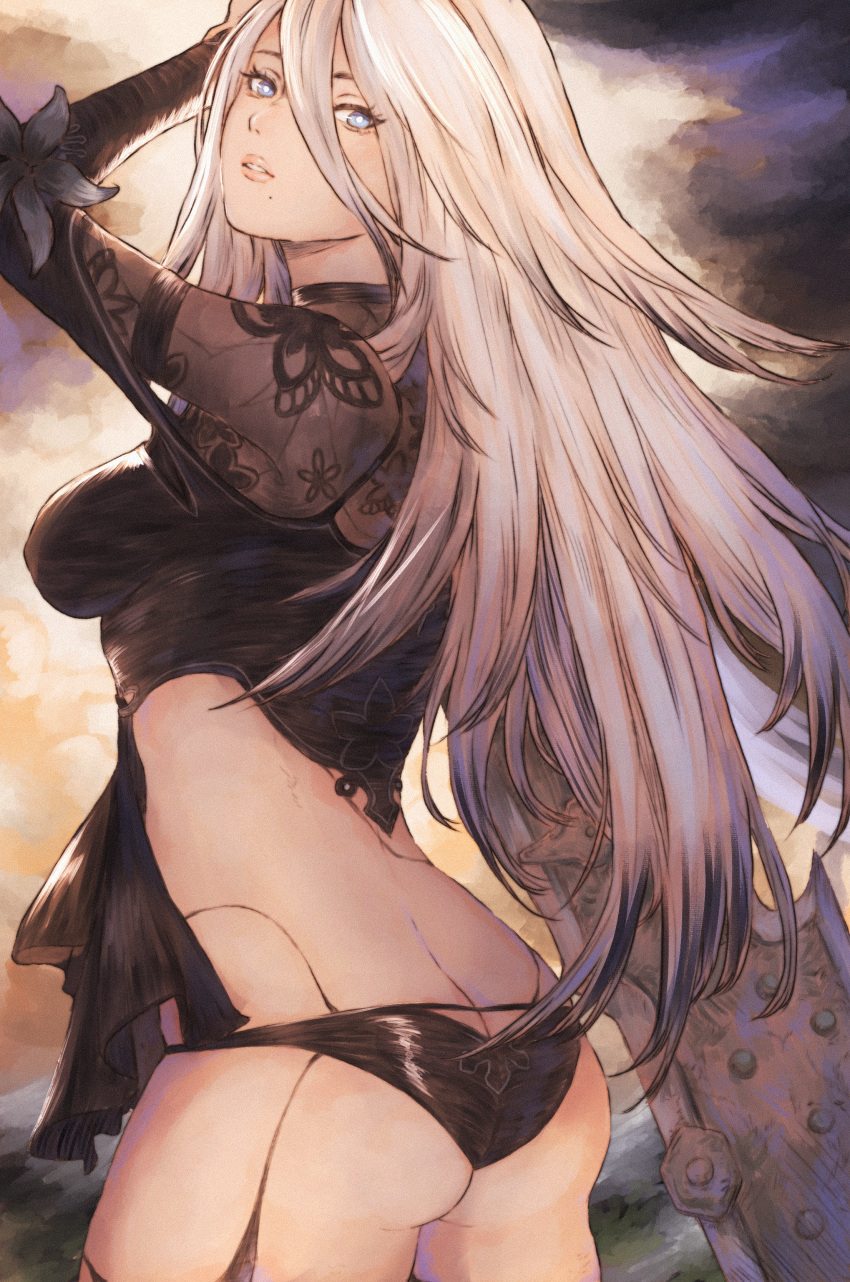 1girl absurdres android ass black_panties blue_eyes breasts from_side gusty10rk hair_between_eyes highres long_hair looking_at_viewer medium_breasts mole mole_under_mouth nier:automata nier_(series) panties solo sword underwear weapon white_hair yorha_type_a_no._2