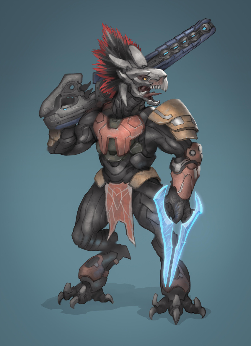 3_fingers 3_toes absurd_res alien anthro armor avian beak beam_rifle black_body black_feathers bottomwear claws clothed clothing colored cuirass digitigrade energy_sword energy_weapon fangs feather_hair feathered_crest feathers feet finger_claws fingers focus_rifle gun halo_(series) head_crest headgear helmet hi_res holding_gun holding_object holding_sword holding_weapon kig-yar loincloth male melee_weapon microsoft muscular muscular_anthro muscular_male open_mouth pseudo_hair pupils ranged_weapon red_body red_feathers scalie shaded simple_background slit_pupils solo spaulder standing sword t'vaoan teeth toe_claws toes tongue vambrace vincentiusmatthew weapon xbox_game_studios yellow_eyes