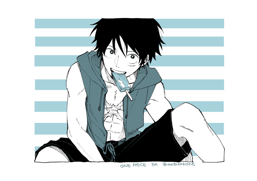 1boy abs black_eyes black_hair black_shorts bright_pupils commentary_request drawstring food food_in_mouth highres hood hood_down jacket male_focus monkey_d._luffy nata_kokone one_piece open_clothes open_jacket popsicle popsicle_in_mouth scar scar_on_face short_hair shorts sitting sleeveless sleeveless_jacket solo twitter_username two-tone_background white_pupils