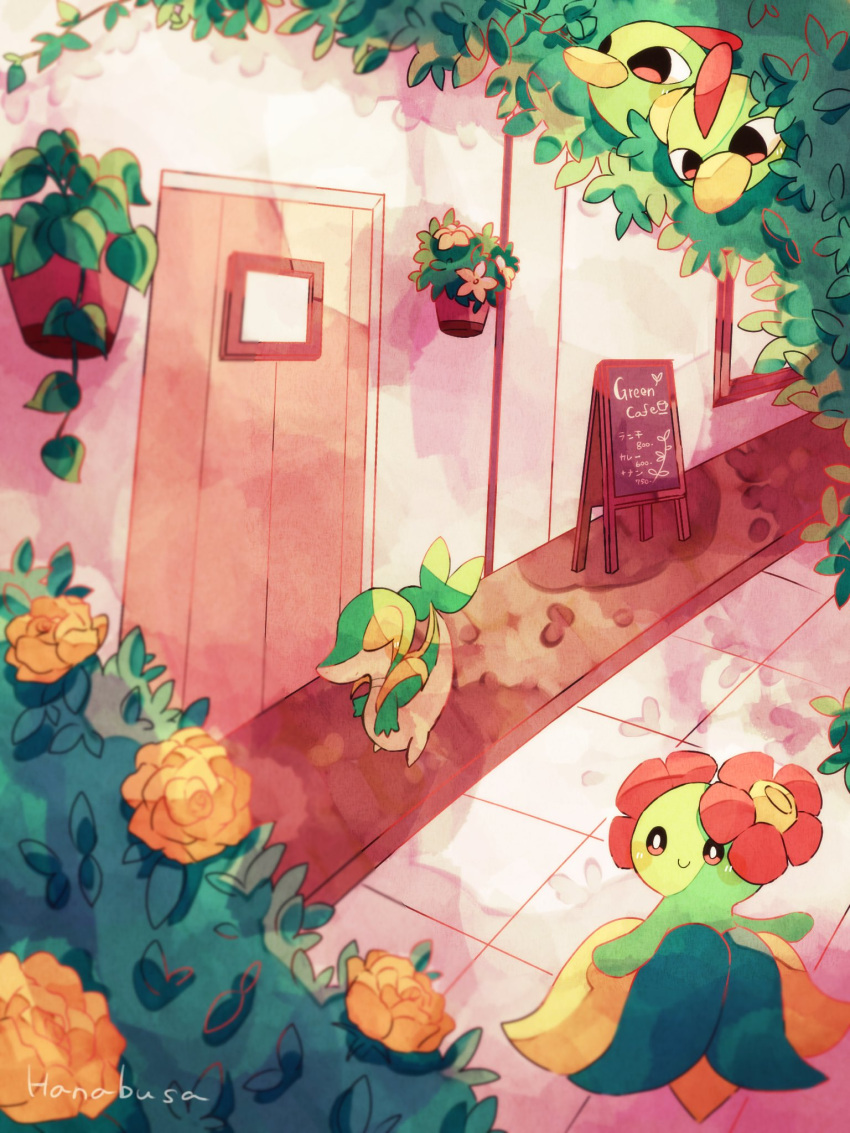 animal_focus artist_name beak bellossom bird bush chalkboard closed_eyes colored_skin english_text flower green_skin hanabusaoekaki highres leaf menu_board natu no_humans orange_flower orange_rose plant pokemon pokemon_(creature) potted_plant red_flower rose smile snivy solid_oval_eyes wooden_door