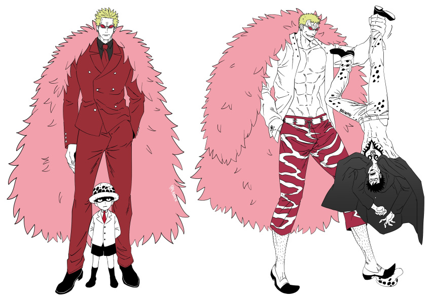 2boys absurdres age_progression balnom bare_pectorals blonde_hair child coat donquixote_doflamingo feather_coat full_body fur_coat height_difference highres lifting_person male_focus multiple_boys muscular muscular_male official_alternate_costume one_piece open_clothes pectorals pink_coat shirt short_hair suit sunglasses trafalgar_law upside-down white_shirt