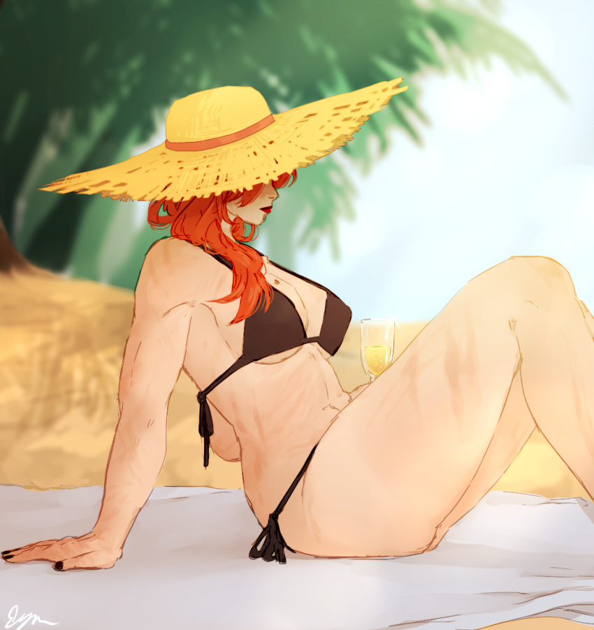 1girl alcohol beach_mat bikini black_bikini black_nails blue_sky breasts champagne champagne_flute closed_mouth cloud_ya cup drinking_glass english_commentary hat holding holding_cup honkai_(series) honkai_impact_3rd large_breasts lipstick long_hair makeup mole mole_on_breast murata_himeko muscular muscular_female nail_polish outdoors palm_tree red_hair red_lips sitting sky solo straw_hat summer swimsuit tree