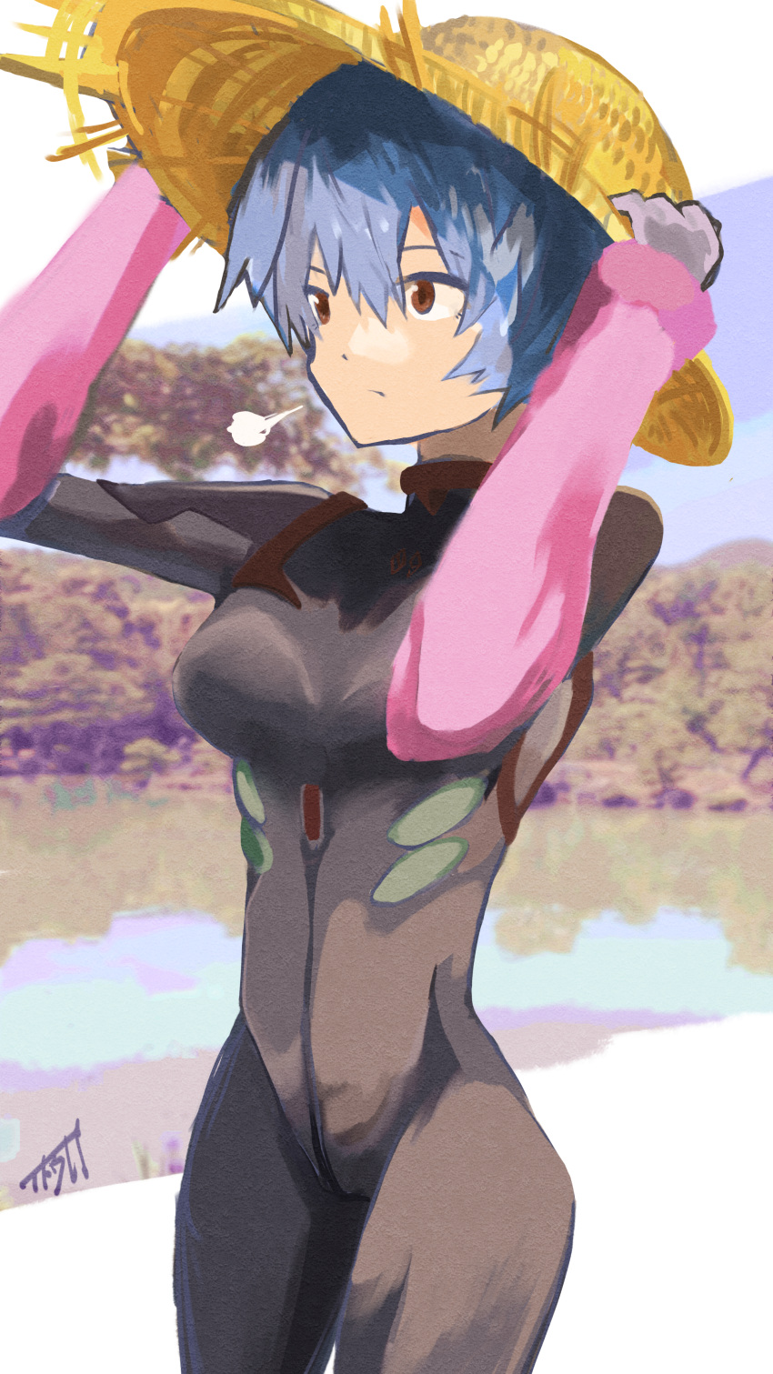 1girl absurdres ayanami_rei black_bodysuit blue_hair bodysuit breasts closed_mouth commentary_request evangelion:_3.0+1.0_thrice_upon_a_time hat highres medium_breasts neon_genesis_evangelion outdoors pilot_suit plugsuit rebuild_of_evangelion red_eyes short_hair sigh solo standing straw_hat visible_air zero-boites
