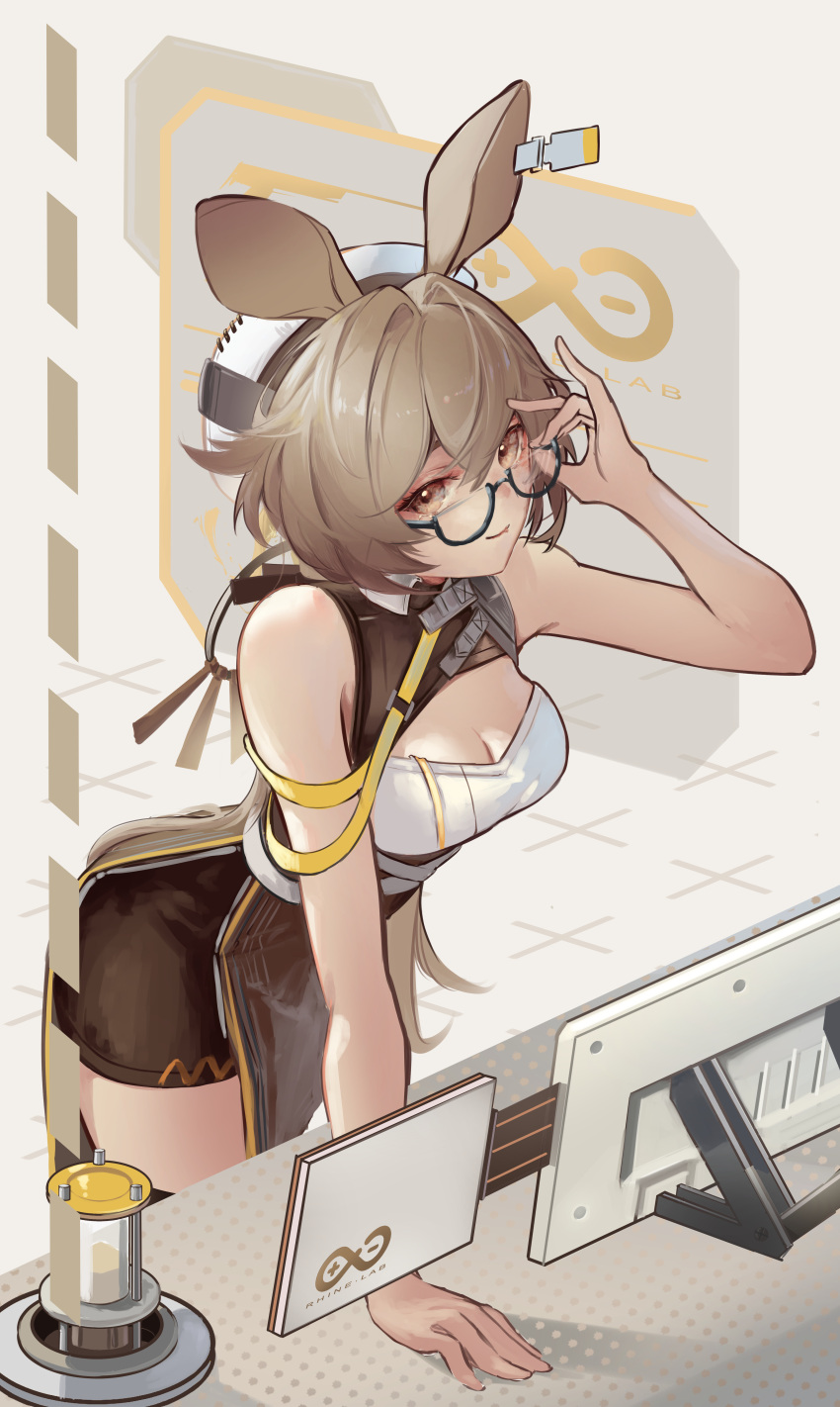1girl absurdres adjusting_eyewear animal_ears arknights arm_support bare_arms bare_shoulders beancake bespectacled breasts cleavage commentary_request dorothy_(arknights) glasses grey_eyes grey_hair hair_between_eyes highres large_breasts leaning_forward looking_at_viewer rhine_lab_logo sleeveless solo standing