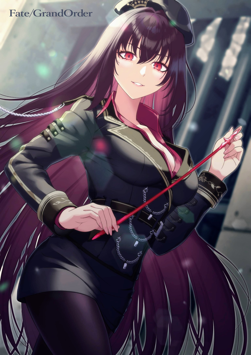 absurdres adapted_uniform beret bird_hat black_headwear black_jacket black_pantyhose black_skirt blazer breasts craft_essence_(fate) fate/grand_order fate_(series) gae_bolg_(fate) girugiru_(tektonics6588) hair_intakes hat highres jacket large_breasts matching_outfit pantyhose pencil_skirt purple_hair red_shirt scathach_(fate) scathach_(true_crimson_spear_trainer)_(fate) shirt skirt unbuttoned unbuttoned_shirt undershirt wing_collar