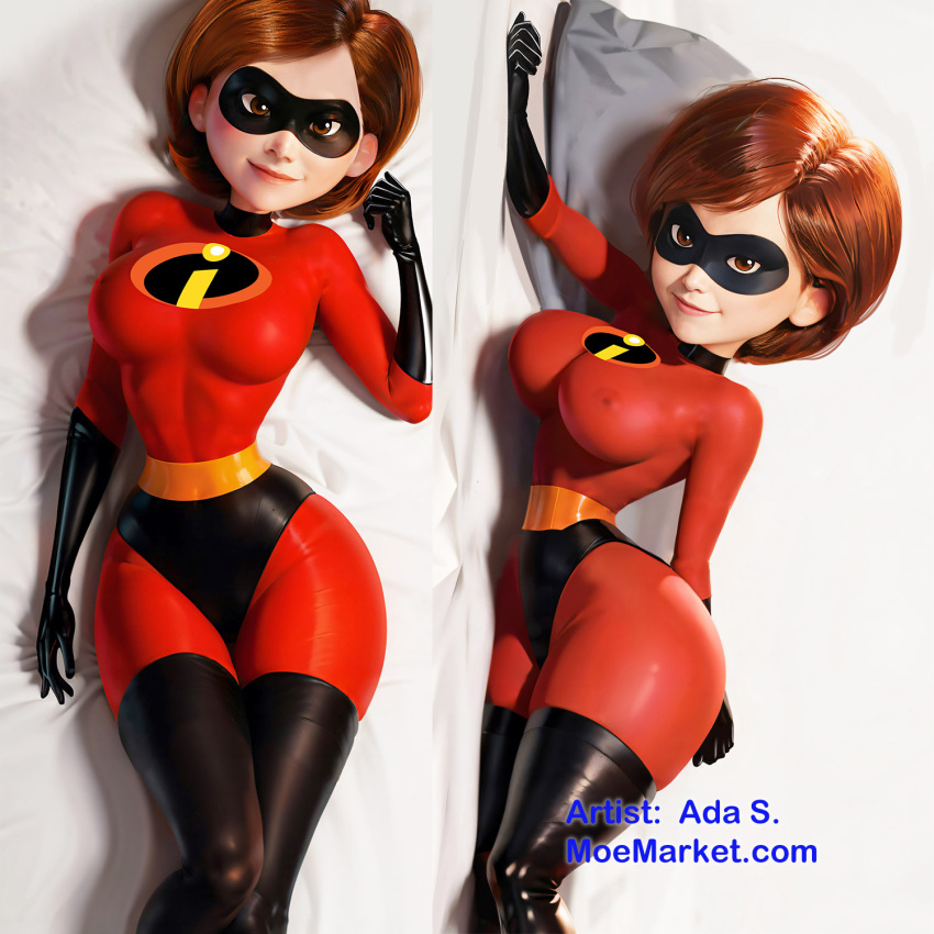 1girl black_gloves black_thighhighs bodysuit boots breasts brown_eyes brown_hair elastigirl eye_mask gloves helen_parr highres large_breasts looking_at_viewer mature_female medium_hair red_bodysuit superhero the_incredibles thigh_boots thighhighs thighhighs_over_bodysuit wide_hips