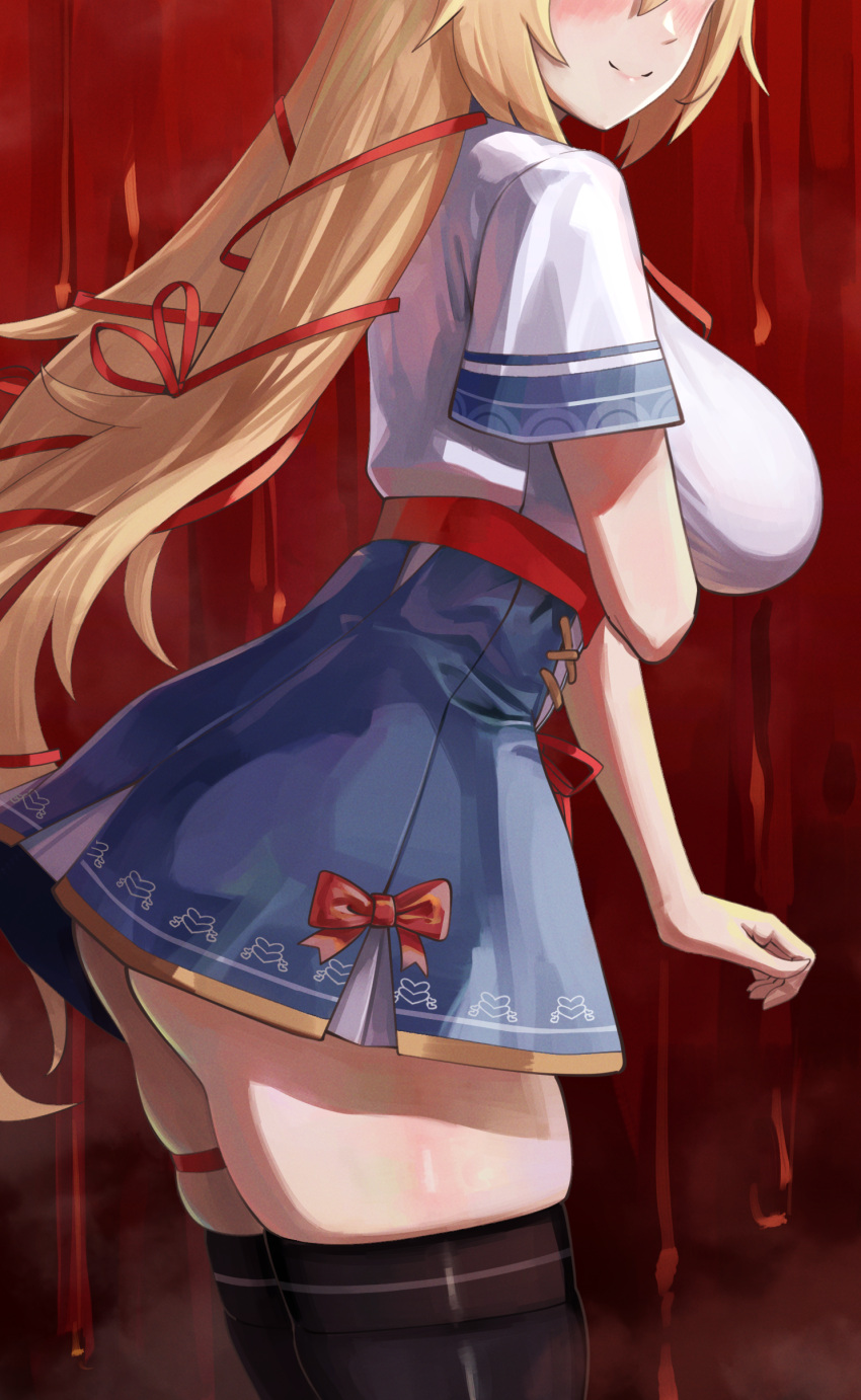 1girl absurdres akai_haato akai_haato_(1st_costume) ass bad_proportions blonde_hair blue_skirt blush breasts dalcom hair_ornament high-waist_skirt highres hololive large_breasts long_hair red_ribbon ribbon skirt smile thick_thighs thighhighs thighs very_long_hair virtual_youtuber