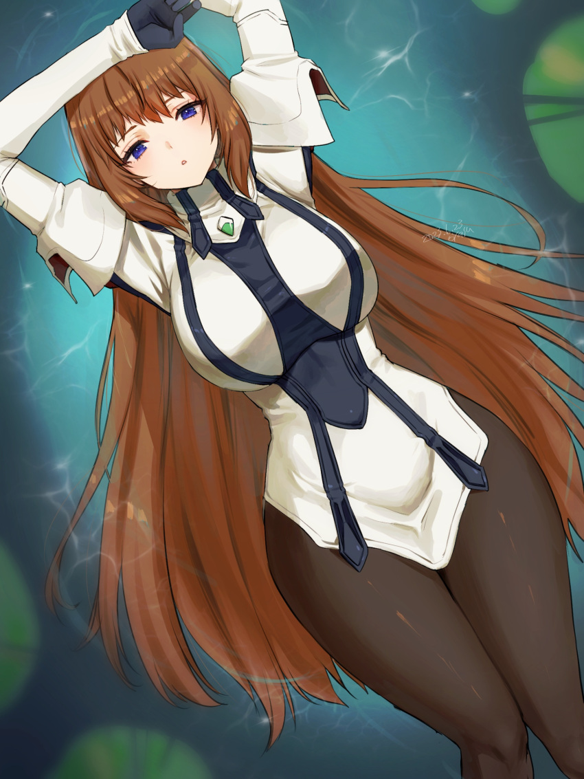 1girl afloat arms_up blue_eyes breasts commentary_request dated elhaym_van_houten gloves highres large_breasts lily_pad long_hair looking_at_viewer open_mouth orange_hair oyasu_(kinakoyamamori) pantyhose parted_lips simple_background solo uniform very_long_hair water xenogears