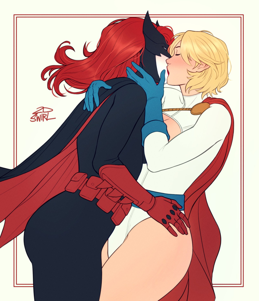 2dswirl animal_ears applying_makeup ass bat_ears batwoman belt black_bodysuit black_cape blonde_hair blue_gloves blush bodysuit cape cleavage_cutout closed_eyes clothing_cutout dc_comics gloves hand_on_another's_face hand_on_another's_waist highres kiss leotard mask power_girl red_belt red_cape red_hair superhero thighs white_leotard yuri