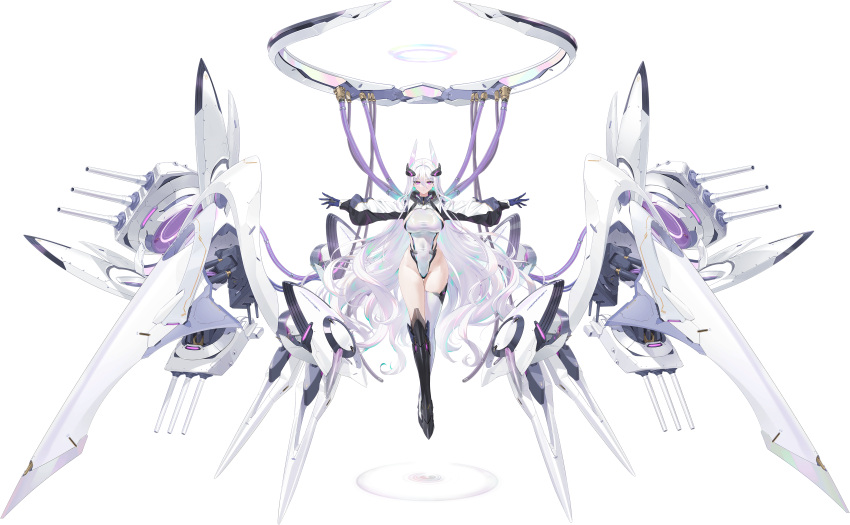 1girl absurdres asymmetrical_legwear azur_lane black_gloves black_thighhighs boots breasts cable closed_mouth covered_navel cropped_jacket full_body gloves hair_between_eyes hair_ornament halo highres jacket kearsarge_(azur_lane) large_breasts leotard long_hair long_sleeves looking_at_viewer mechanical_halo mismatched_legwear non-web_source official_art outstretched_arms purple_eyes rigging solo thigh_boots thighhighs thighs very_long_hair white_hair white_jacket white_leotard white_thighhighs world_of_warships yd_(orange_maru)