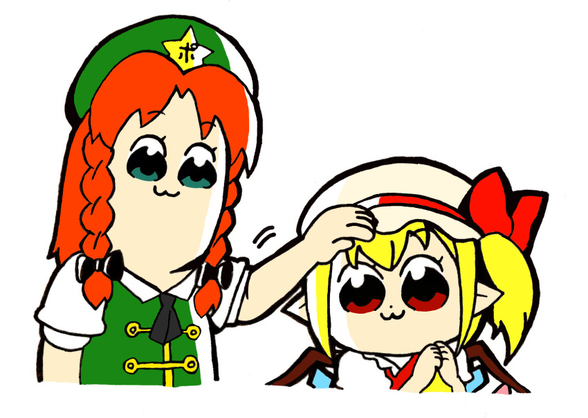 2girls :3 ascot bkub_(style) blonde_hair braid closed_mouth flandre_scarlet green_eyes green_headwear green_vest hand_on_another's_head hat hat_ornament hat_ribbon highres hong_meiling mofujiro multicolored_wings multiple_girls pointy_ears poptepipic puffy_short_sleeves puffy_sleeves red_eyes red_hair red_ribbon red_vest ribbon shirt short_sleeves star_(symbol) star_hat_ornament touhou twin_braids upper_body vest white_background white_headwear white_shirt wings yellow_ascot