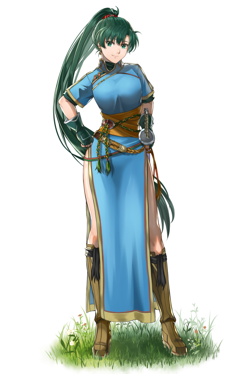 1girl blue_dress boots breasts brown_footwear closed_mouth commentary_request delsaber dress earrings fingerless_gloves fire_emblem fire_emblem:_the_blazing_blade full_body gloves gold_earrings grass green_eyes green_gloves green_hair green_undershirt hair_ornament hand_on_own_hip high_collar high_ponytail highres holding holding_sword holding_weapon jewelry katana knee_boots large_breasts long_hair looking_at_viewer lyn_(fire_emblem) pelvic_curtain rope_belt sash shirt short_sleeves smile solo standing sword turtleneck very_long_hair weapon white_background
