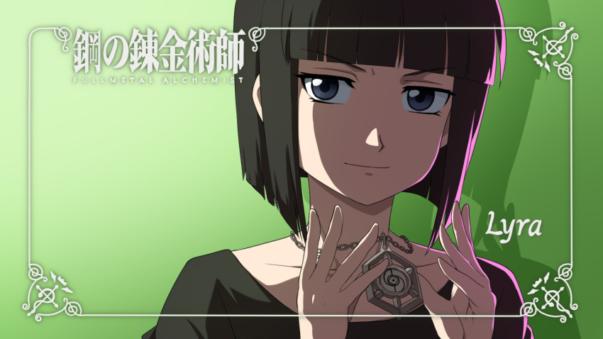 1girl amulet black_hair blue_eyes blunt_bangs bob_cut character_name collarbone copyright_name fullmetal_alchemist green_background highres jewelry laofuzi_dai_bansho looking_at_viewer lyra_(fma) necklace short_hair solo