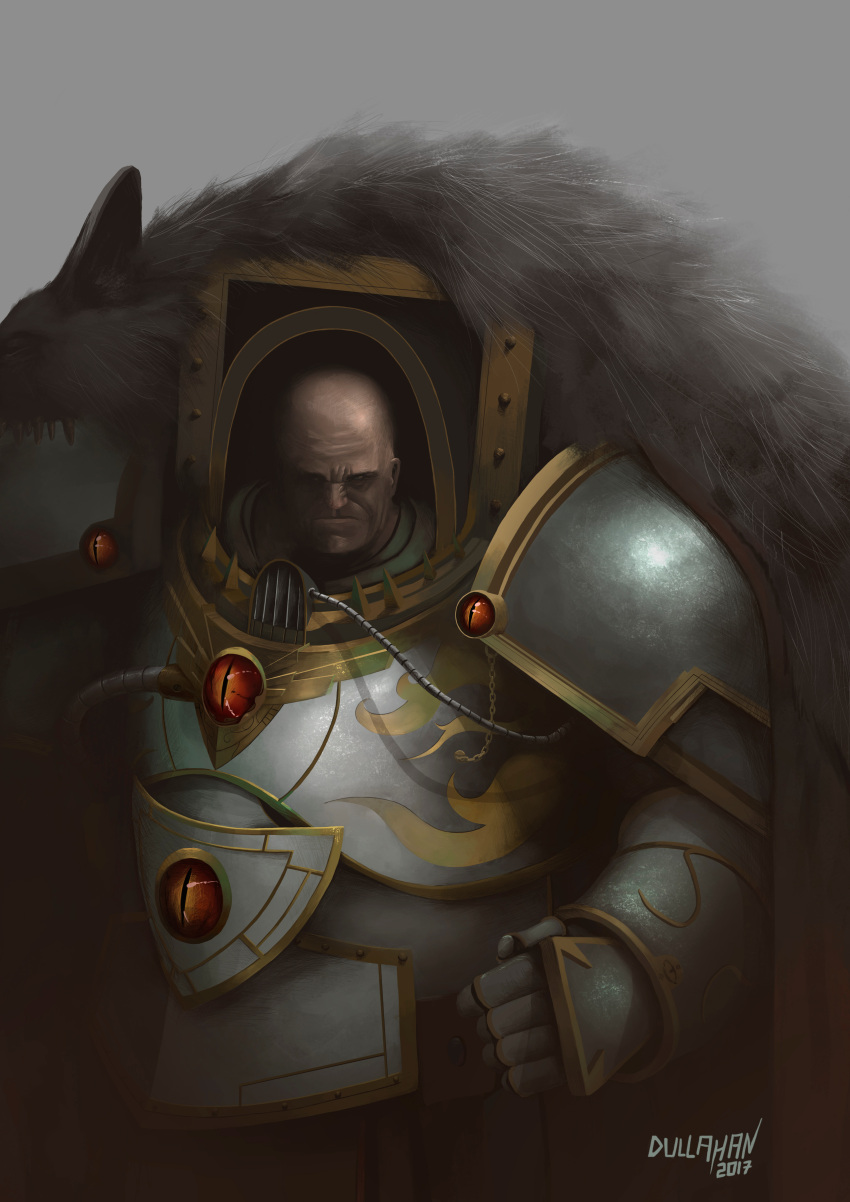 1boy 2017 absurdres animal_ears armor artist_name bald breastplate commentary dated english_commentary eyes_of_horus_(warhammer_40k) full_armor gauntlets gold_trim greaves highres horus_lupercal pauldrons pelt power_armor primarch red_eyes sergio_abalo shoulder_armor signature simple_background solo terminator_armor warhammer_40k wire wolf_ears wolf_pelt