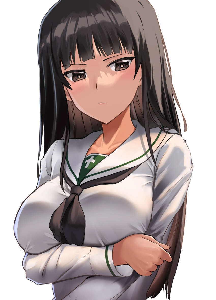 1girl absurdres black_hair black_neckerchief blunt_bangs breasts brown_eyes collarbone frown girls_und_panzer highres large_breasts lazurite_(user_8870367) light_frown long_hair long_sleeves looking_at_viewer mature_female neckerchief nishizumi_shiho ooarai_school_uniform school_uniform solo straight_hair uniform