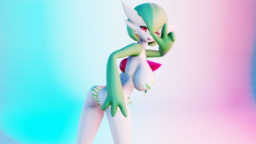 2021 3_fingers 3d_(artwork) big_breasts bikini breasts butt cleavage clothed clothing digital_media_(artwork) female fingers gardevoir generation_3_pokemon gesture green_hair hair hi_res humanoid looking_at_viewer looking_back mrjinsenpai navel nintendo not_furry one_eye_closed open_mouth pattern_bikini pattern_clothing pattern_swimwear pokemon pokemon_(species) rear_view red_eyes side_boob solo striped_bikini striped_clothing striped_swimwear stripes swimwear thick_thighs v_sign wide_hips zy0n7
