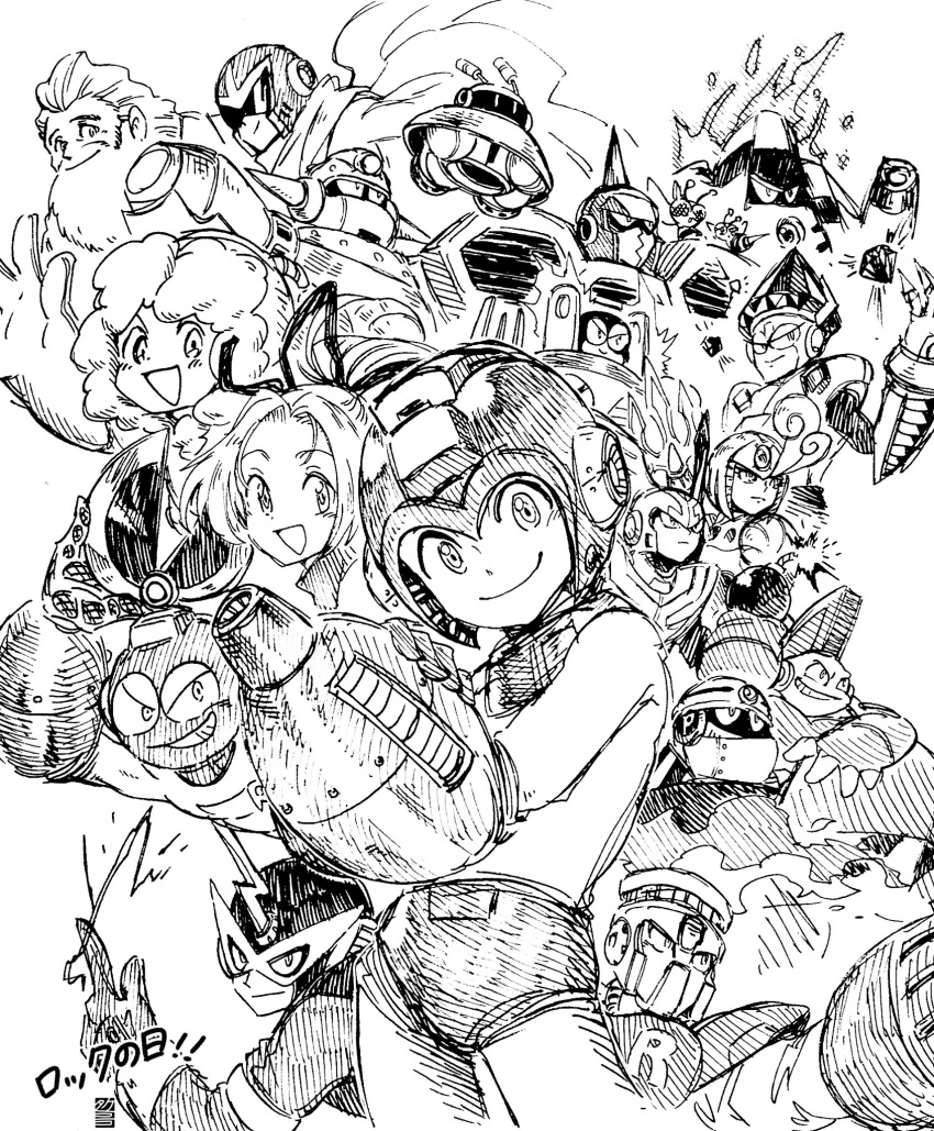 2girls 6+boys android arm_cannon beard bodysuit bomb bomb_man bow claws closed_mouth commentary concrete_man cut_man domino_mask dr._light_(mega_man) elec_man electricity everyone explosive facial_hair fake_horns fire fire_man flaming_head galaxy_man gem gem_on_head grin guts_man hair_bow hardhat hat helmet highres holding holding_bomb hood hood_up horned_helmet hornet_man horns humanoid_robot ice_man jewel_man lightning_bolt_symbol lit_fuse looking_at_viewer magma_man mask mega_buster mega_man_(character) mega_man_(classic) mega_man_(series) mega_man_1 mega_man_9 mega_man_megamix mohawk monochrome multiple_boys multiple_girls mustache old old_man open_mouth plug plug_man polearm proto_man robot robot_girl roll_(mega_man) scarf scissors seal_impression short_hair single_horn smile snapping_fingers splash_woman sunglasses takenokonoko tornado_man traditional_media translated trident ufo v-shaped_eyes wasp weapon |_|