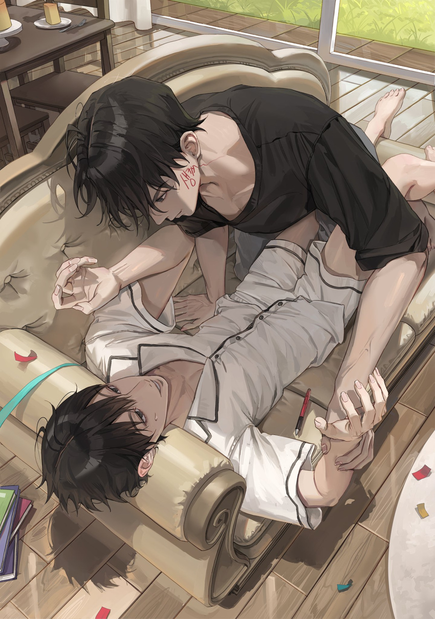 2boys black_hair black_shirt couch drawing_on_another's_face feet food foot_out_of_frame grass hand_on_another's_arm highres huh_1222 indoors kim_dokja male_focus multiple_boys omniscient_reader's_viewpoint on_couch parted_lips pen plate shirt short_hair short_sleeves shorts sweatdrop table teeth white_shirt white_shorts window wooden_floor wooden_table yaoi yoo_joonghyuk