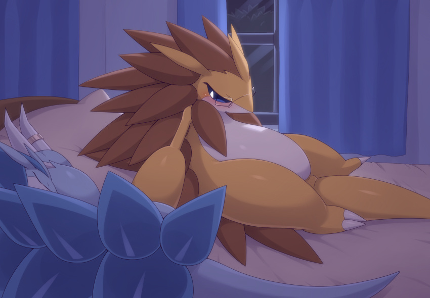 2019 alolan_form alolan_sandslash ambiguous_gender bed bedroom biped blue_eyes blue_quills blush brown_quills claws countershade_face countershade_torso countershading curtains detailed_background digit_ring digital_media_(artwork) duo eyes_closed eyewear featureless_crotch feral finger_claws finger_ring furniture generation_1_pokemon glasses hi_res hibari inside jewelry kajinchu looking_at_another night nintendo nude on_bed pillow pokemon pokemon_(species) pupils quills regional_form_(pokemon) ring ring_(jewelry) sabari sandslash shaded sharp_claws simple_shading sleeping solo_focus toe_claws white_body white_claws white_countershading white_pupils window yellow_body