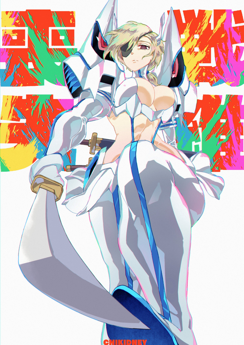 1girl absurdres armor artist_name black_eyes blonde_hair breasts center_opening chainsaw_man chikidney cleavage_cutout closed_mouth clothing_cutout cosplay crossover elbow_gloves expressionless eyepatch garter_straps gloves hair_between_eyes highres holding holding_sword holding_weapon horn_ornament horns junketsu kamui_(kill_la_kill) katana kill_la_kill living_clothes looking_at_viewer medium_breasts microskirt navel pauldrons ponytail quanxi_(chainsaw_man) revealing_clothes shoulder_armor skirt solo sword thighhighs weapon white_background white_footwear white_gloves white_thighhighs