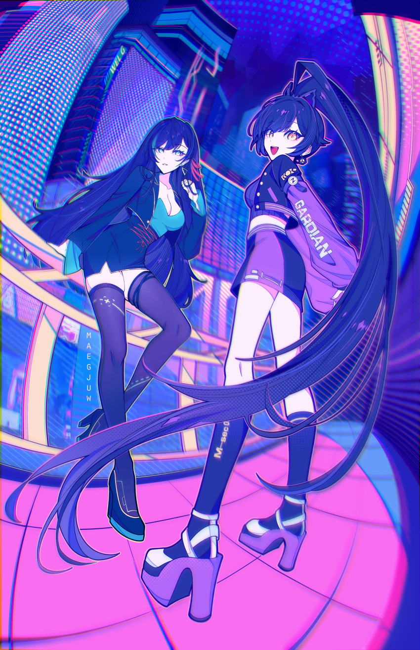 2girls absurdres against_railing artist_name asymmetrical_bangs black_footwear black_hair black_thighhighs blue_eyes breasts cleavage commentary cropped_jacket cross-laced_clothes cross-laced_skirt earrings fisheye high-waist_skirt high_heels high_ponytail highres jewelry kneehighs lin_(tower_of_fantasy) long_hair looking_at_viewer maegjuw multiple_girls open_mouth parted_lips pencil_skirt railing saki_fuwa_(tower_of_fantasy) sidelocks skirt socks standing teeth thighhighs tower_of_fantasy twitter_username upper_teeth_only vaporwave very_long_hair yellow_eyes