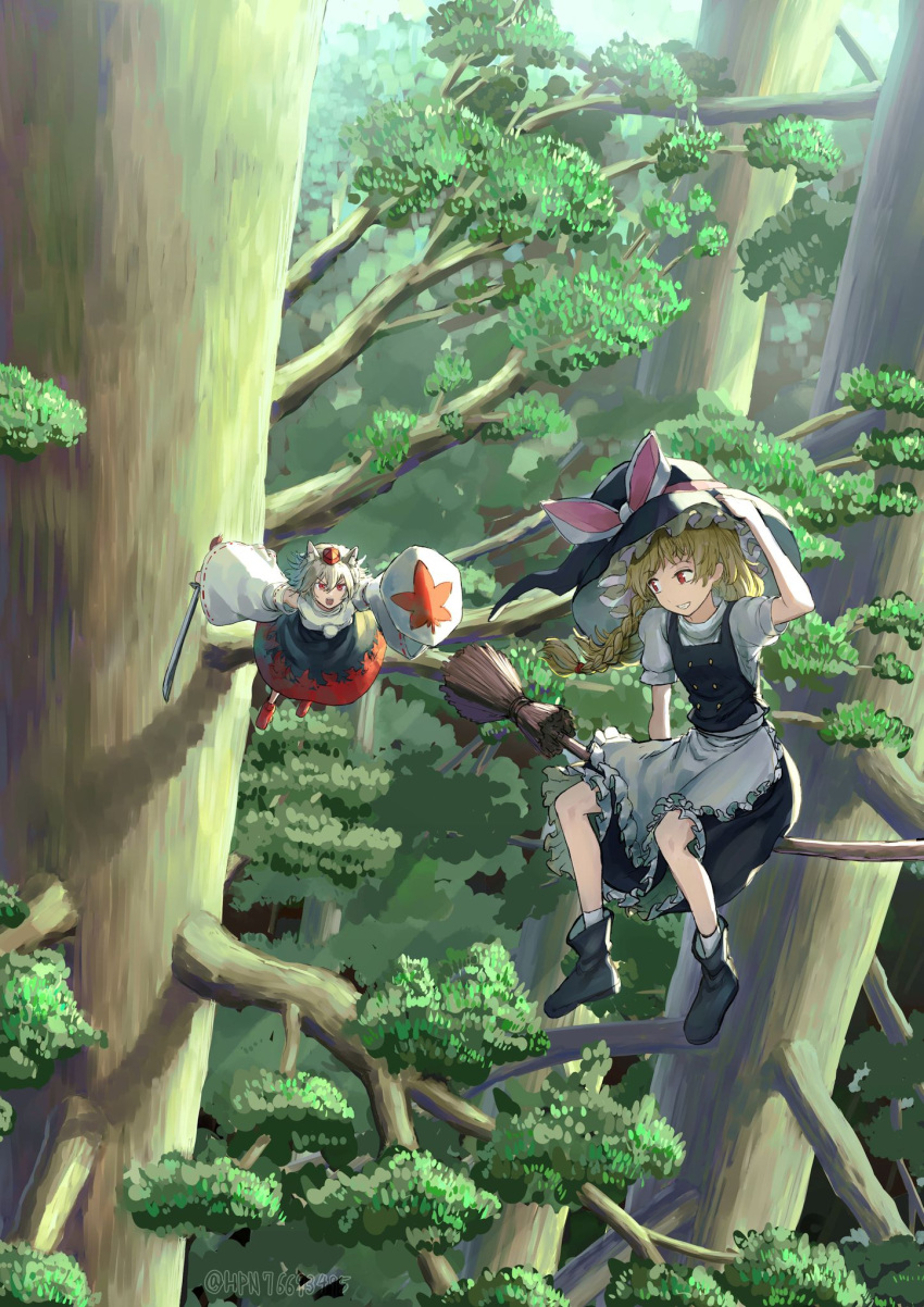 2girls animal_ears apron bare_shoulders black_footwear black_headwear black_skirt black_vest blonde_hair braid broom broom_riding detached_sleeves frilled_apron frilled_skirt frills grey_hair harapan-kun hat highres holding holding_shield holding_sword holding_weapon inubashiri_momiji japanese_clothes kirisame_marisa long_hair multiple_girls red_eyes red_headwear red_skirt ribbed_sweater shield shirt shoes short_sleeves single_braid skirt socks sweater sword tokin_hat touhou tree vest waist_apron weapon white_apron white_shirt white_sleeves white_socks wide_sleeves witch_hat wolf_ears