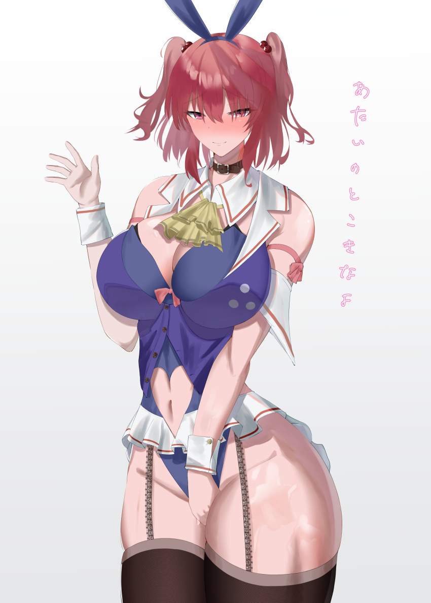 1girl absurdres animal_ears ascot bare_shoulders blue_leotard blush breasts cleavage closed_mouth clothing_cutout commentary cowboy_shot enmimontoria garter_straps gradient_background grey_background hair_bobbles hair_ornament heart_cutout highres large_breasts leotard looking_at_viewer navel onozuka_komachi playboy_bunny rabbit_ears red_eyes red_hair short_hair solo touhou translation_request two_side_up yellow_ascot