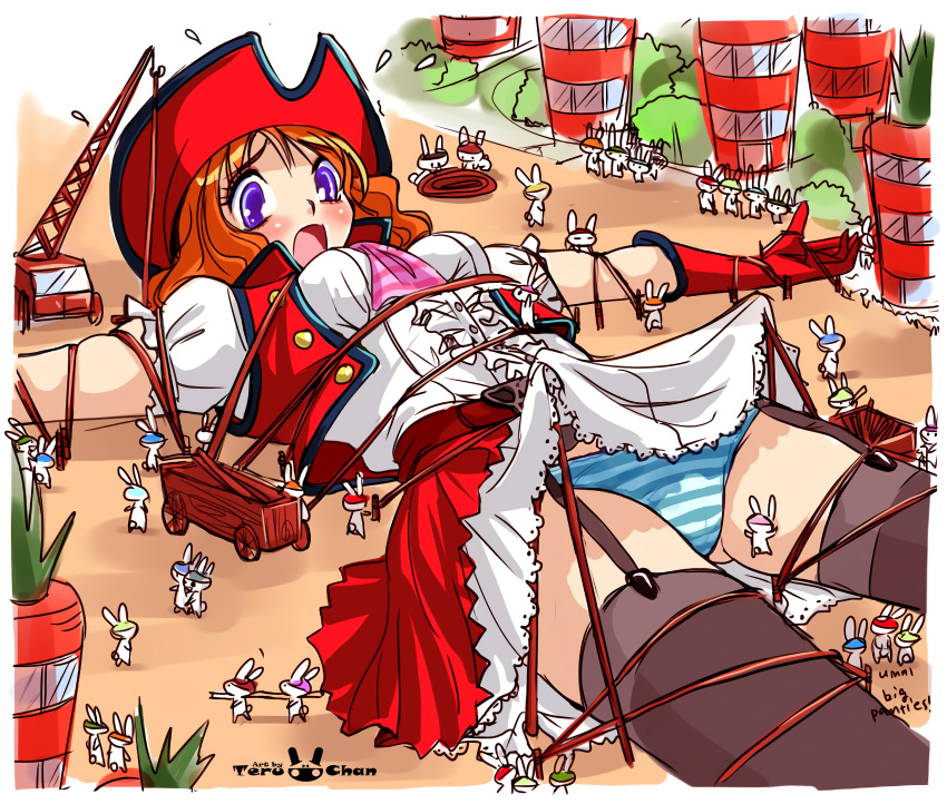 1girl absurdres assisted_exposure bdsm blush bondage bound clothes_lift commentary_request dress embarrassed gulliver's_travels highres minimized orange_hair panties pantyshot purple_eyes rabbit size_difference skirt skirt_lift striped striped_panties teruchan thighhighs underwear upskirt