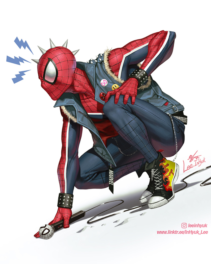 1boy blue_jacket bodysuit chain collared_jacket converse deadpool denim drawing dutch_angle facing_to_the_side flame_print full_body fur_trim highres illustrator in-hyuk_lee instagram_username jacket jeans male_focus marvel microphone open_clothes open_jacket pants pin red_bodysuit shadow signature sketch sleeveless sleeveless_jacket spider-man spider-man:_across_the_spider-verse spider-man_(series) spider-punk spikes squatting thighs toned toned_male