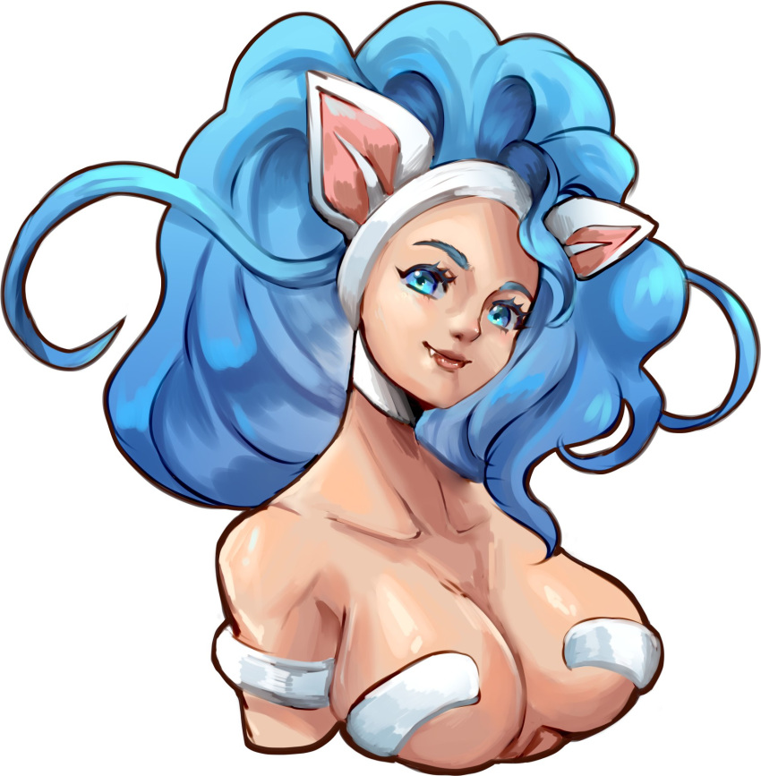 2023 animal_humanoid big_breasts blue_eyebrows blue_eyes blue_hair breasts bust_portrait capcom cat_humanoid darkstalkers digital_media_(artwork) digital_painting_(artwork) eyebrows fangs felicia_(darkstalkers) felid felid_humanoid feline feline_humanoid female feral fur hair hi_res humanoid lipstick long_hair looking_at_viewer luo_qiangwei makeup mammal mammal_humanoid portrait simple_background smile solo teeth unsigned white_background white_body white_fur