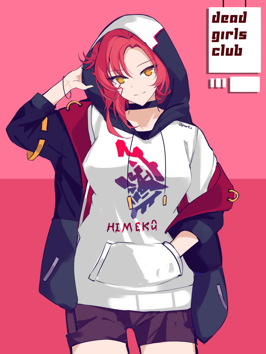 1girl absurdres bangs black_choker black_coat choker closed_mouth coat highres honkai_(series) honkai_impact_3rd hood hoodie long_sleeves looking_at_viewer murata_himeko pink_background red_background red_hair red_shorts shorts smile solo sparks_summer two-tone_background white_hoodie yellow_eyes