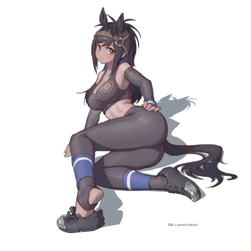 1girl animal_ears arm_support ass bare_shoulders black_hair breasts bridle brown_eyes brown_hair brown_sports_bra brown_thoroughbred_(kemono_friends) cleavage closed_mouth dark-skinned_female dark_skin elbow_gloves extra_ears fingerless_gloves full_body gloves hand_on_own_hip highres horse_ears horse_girl horse_tail japan_racing_association kemono_friends leggings long_hair looking_at_viewer lumian300 lying medium_breasts multicolored_hair on_side parted_bangs shoes solo sports_bra sportswear stomach tail toeless_legwear twintails two-tone_hair