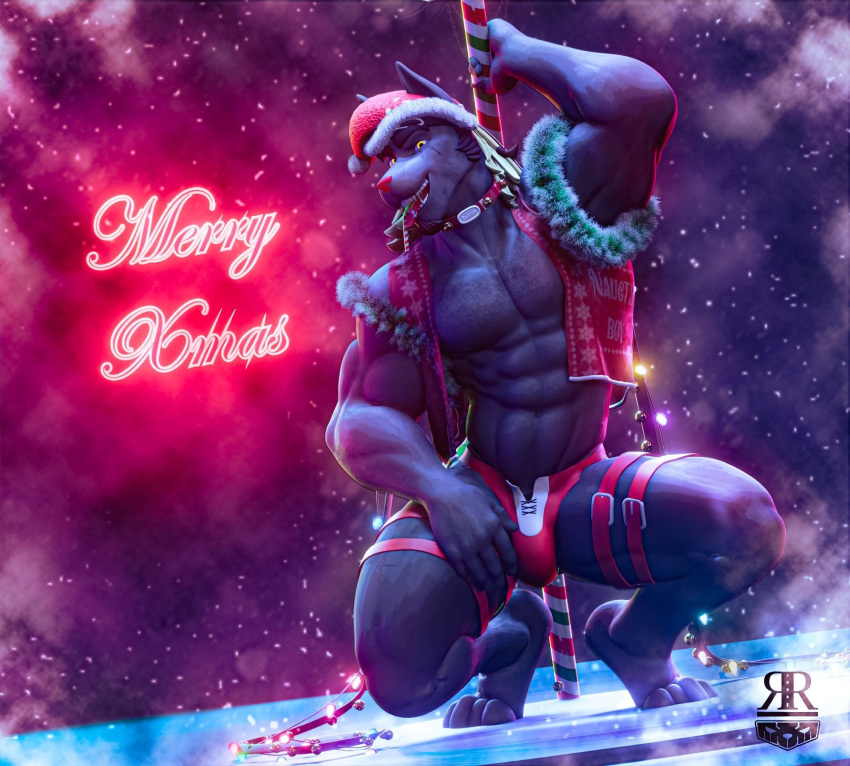 anthro barechest beard biceps blonde_hair bulge bulky candy candy_cane canid canine canis choker christmas christmas_clothing christmas_headwear christmas_ornament clothed clothing costume crouching dancing dessert erection facial_hair flexing_bicep food fur grey_body grey_fur hair hat headgear headwear hi_res holidays humanoid jewelry kemono long_hair low_lighting male male/male mammal merry_christmas moobs muscular necklace neon_lights nightclub open_clothing open_topwear partially_clothed pecs pole pole_dancing rexwolf santa_costume santa_hat shirt smile smiling_at_viewer smirk smirking_at_viewer snow solo straps stripper_pole tank_top thick_thighs thong_straps thong_underwear tongue tongue_out topwear unbuttoned_underwear wolf