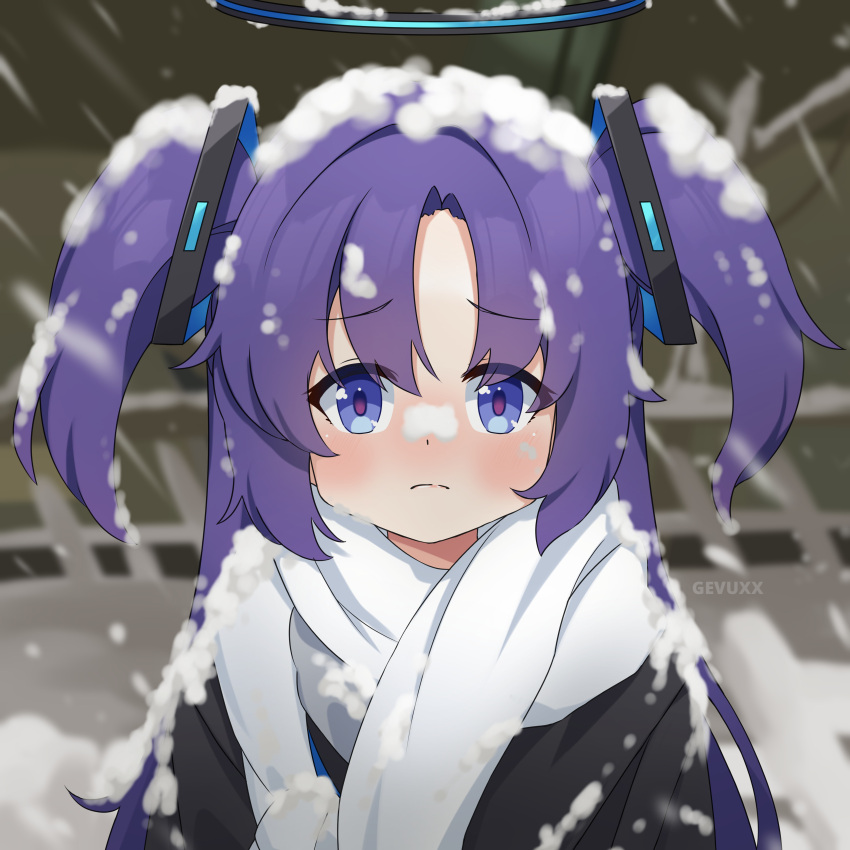 1girl absurdres artist_name black_jacket blue_archive blue_eyes blush commentary english_commentary gevuxx halo highres husbant_(meme) jacket long_hair looking_at_viewer meme purple_hair scarf snow_on_body snow_on_head snowing solo two_side_up white_scarf yuuka_(blue_archive)