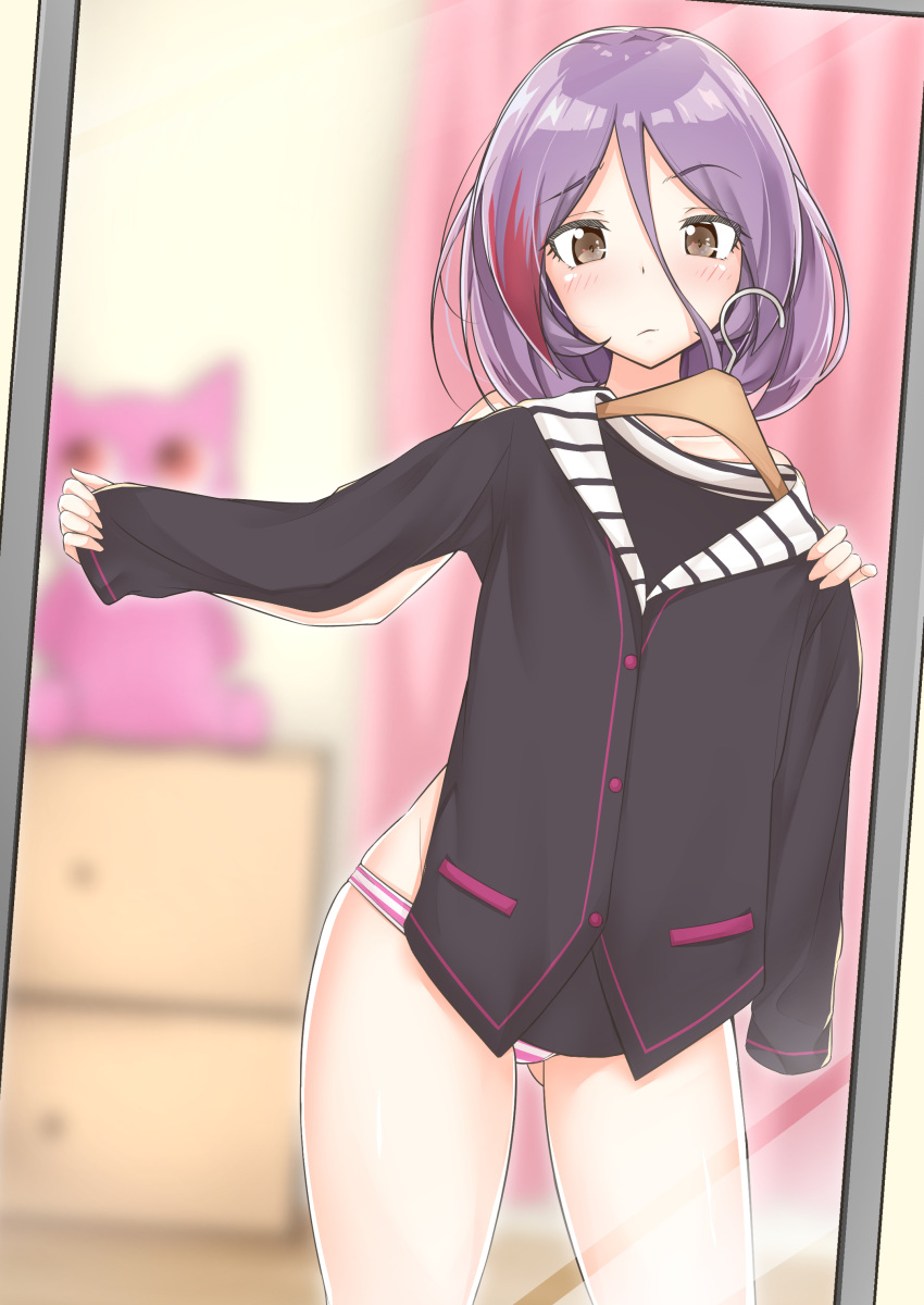 1girl absurdres ass_visible_through_thighs black_shirt blurry blurry_background blush clothes_in_front hair_between_eyes hayasaka_mirei highres holding_clothes_hanger idolmaster idolmaster_cinderella_girls indoors long_bangs looking_at_viewer mirror multicolored_hair nita_(tanita) no_eyepatch panties purple_hair red_hair reflection shirt skindentation solo streaked_hair striped striped_panties underwear