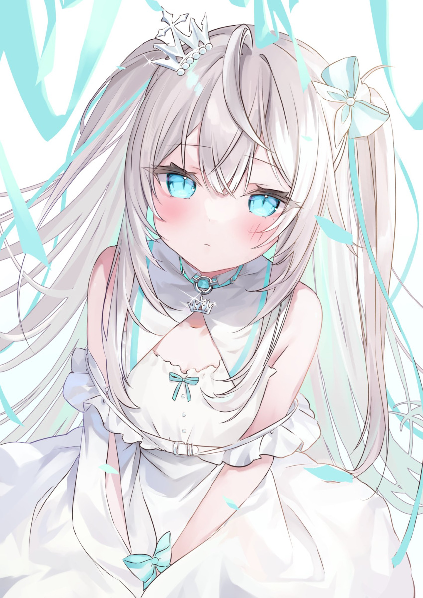 1girl ahoge blonde_hair blue_eyes bow commission crown dress hair_bow hakua_aa highres indie_virtual_youtuber looking_at_viewer mini_crown petr_petrichor skeb_commission solo twintails virtual_youtuber white_bow white_dress