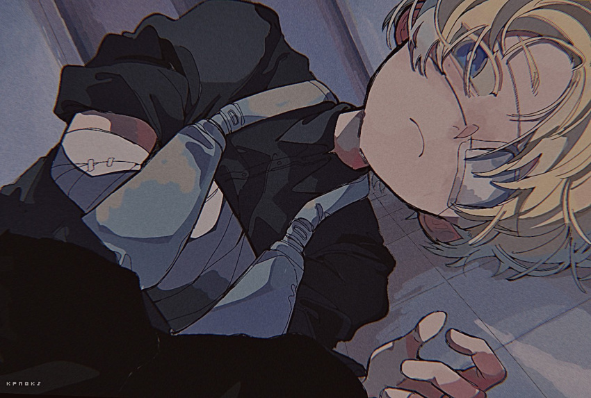 1boy bishounen black_shirt blonde_hair blue_eyes cast eyepatch frown kpnoks male_focus medical_eyepatch one_eye_covered original shirt short_hair solo upper_body