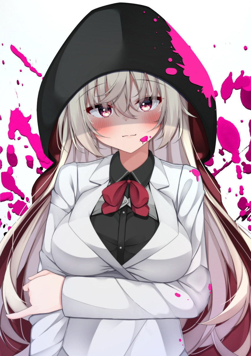 1girl akizuki_kanna arm_under_breasts black_cape black_ribbon black_shirt blood blood_on_face blush breasts cafe_stella_to_shinigami_no_chou cape closed_mouth collared_shirt commentary crossed_bangs grabbing_own_arm hair_spread_out highres hood hood_up jacket large_breasts long_hair looking_at_viewer pink_blood red_eyes ribbon shaded_face shinigami shirt simple_background smile solo straight-on upper_body very_long_hair white_background white_hair white_jacket yosh1na