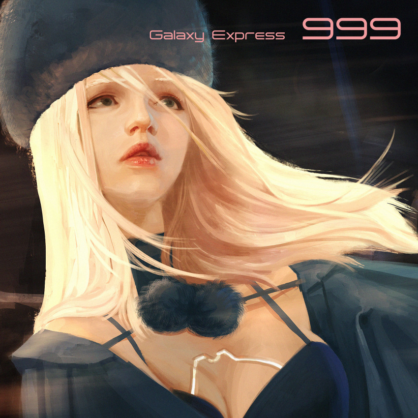 1girl blonde_hair bluredge cloak cropped derivative_work dress english_commentary english_text ginga_tetsudou_999 green_eyes hat highres lips long_hair maetel open_mouth realistic science_fiction space_train spacecraft surprised three-nine_(space_train) title upper_body