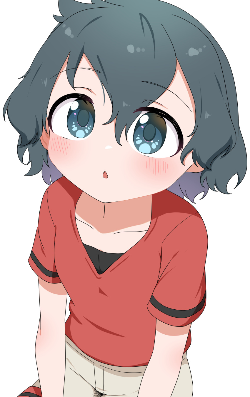 1girl :o absurdres black_hair chis_(js60216) commentary grey_shorts highres kaban_(kemono_friends) kemono_friends light_blush looking_at_viewer parted_lips red_shirt shirt short_hair short_sleeves shorts simple_background sitting solo white_background