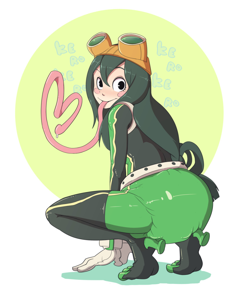 &lt;3 amphibian amphibian_humanoid animal_humanoid asui_tsuyu bangs black_eyes black_hair bodysuit breasts cheek_spots clothed clothing crouching diaper diaper_under_clothing eyewear eyewear_on_head female frog_humanoid fully_clothed gloves goggles goggles_on_head green_clothing hair hair_loop handwear hi_res humanoid long_hair long_tongue looking_at_viewer looking_back my_hero_academia onomatopoeia pieceofsoap shadow simple_background skinsuit smile solo sound_effects text tight_clothing tippy_toes tongue tongue_out