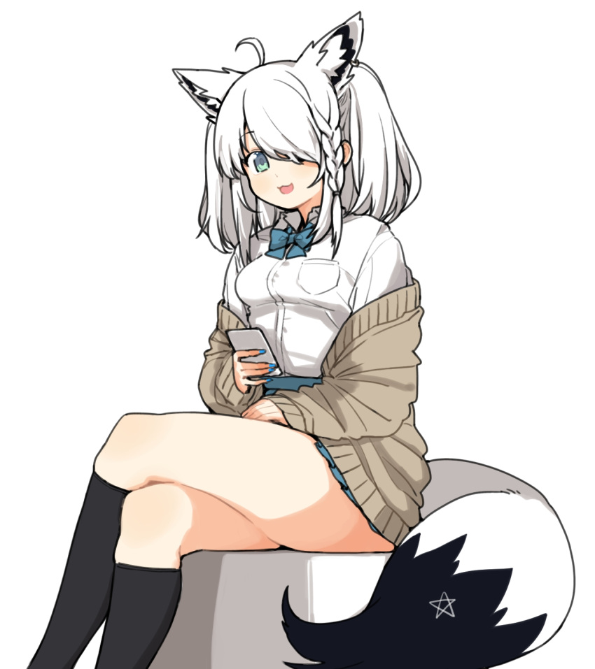 1girl ahoge alternate_costume animal_ear_fluff animal_ears blue_eyes blue_skirt braid brown_cardigan cardigan crossed_legs dot_nose extra_ears fox_ears fox_girl fox_tail hair_over_one_eye highres hololive hololive_gamers kneehighs okunin open_cardigan open_clothes open_mouth pentagram pleated_skirt school_uniform shirakami_fubuki shirt short_hair side_braid single_braid skirt smile socks tail virtual_youtuber white_hair white_shirt winter_uniform