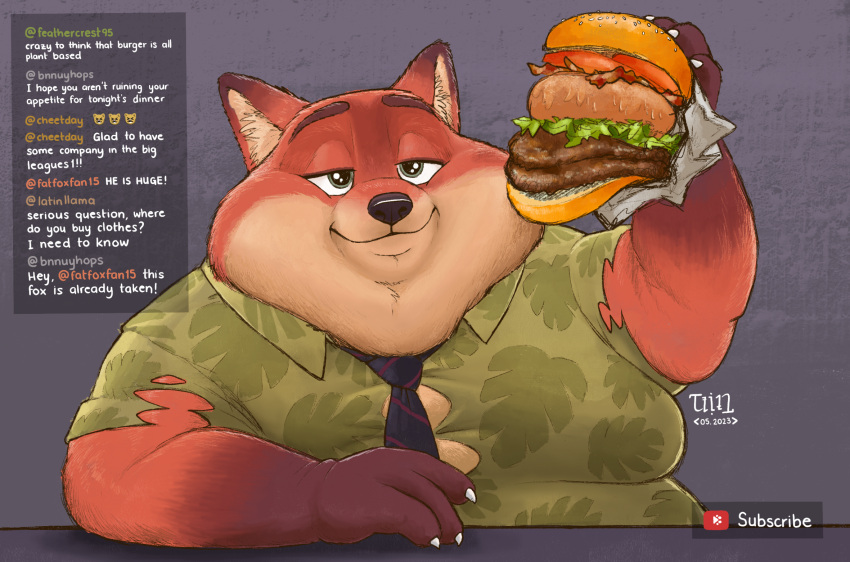 2023 aloha_shirt anthro burger camera canid canine chat clothing digital_media_(artwork) disney dragontzin eating fat_arms food fox glistening glistening_eyes hi_res livestream male mammal necktie nick_wilde obese obese_anthro obese_male overweight overweight_anthro overweight_male pattern_clothing pattern_shirt pattern_topwear shirt signature smile solo tight_clothing topwear wardrobe_malfunction webcam weight_gain zootopia