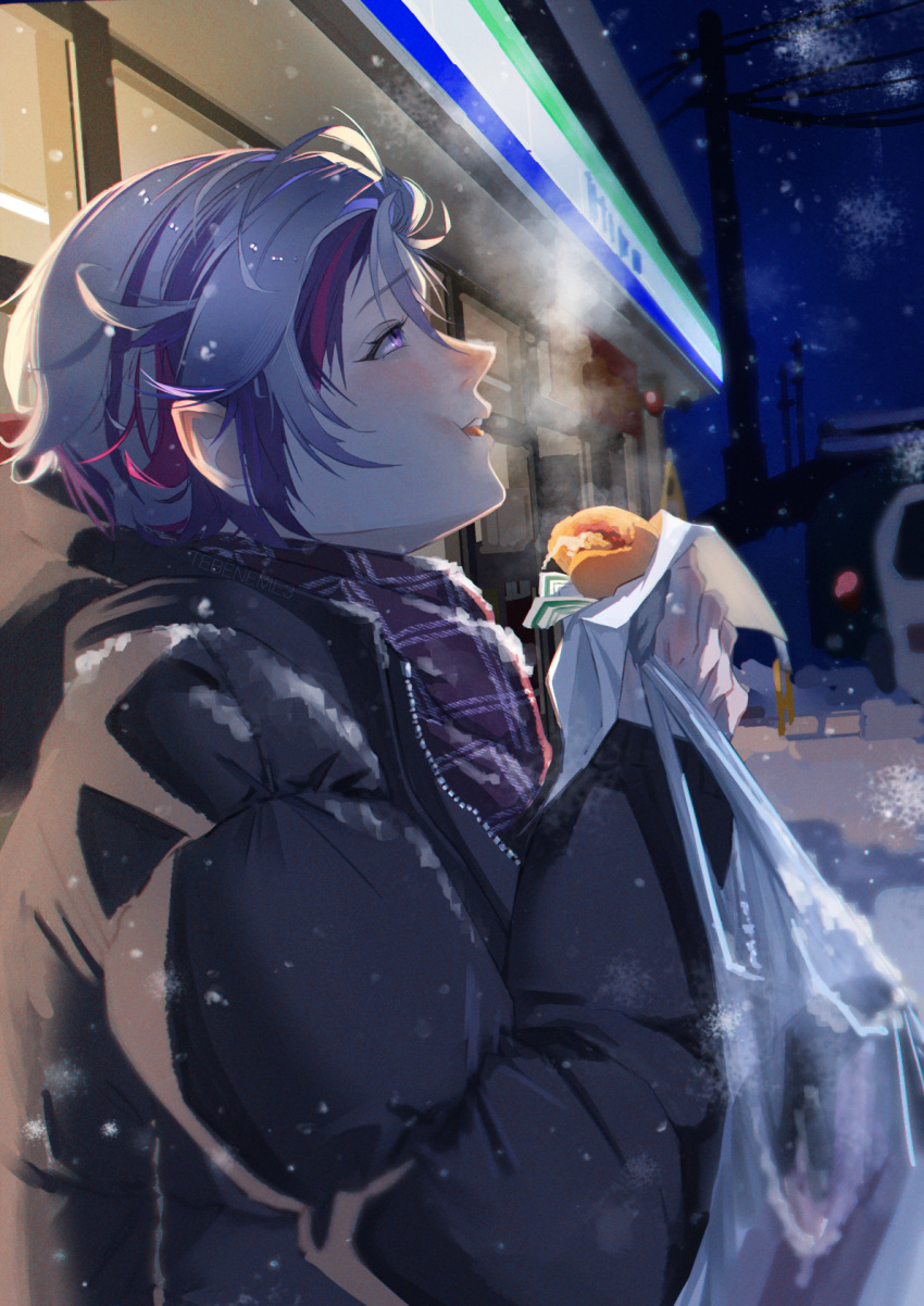 1boy bag black_coat breath chewing coat cold convenience_store eating eyelashes food from_side fuwa_minato hair_between_eyes highres holding holding_food looking_up male_focus multicolored_hair nijisanji plaid plaid_scarf pointy_ears power_lines purple_eyes scarf shop shopping_bag short_hair snow snow_on_body solo streaked_hair tebeneme3 teeth upper_teeth_only utility_pole virtual_youtuber winter winter_clothes winter_coat