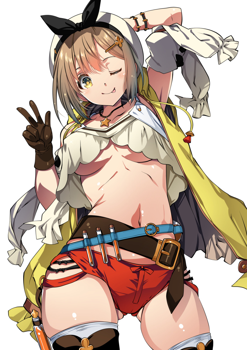 1girl ;p ass_visible_through_thighs atelier_(series) atelier_ryza atelier_ryza_1 belt beret breasts brown_belt brown_hair commentary_request hair_ornament hairclip hat highres jewelry looking_at_viewer medium_breasts necklace one_eye_closed red_shorts reisalin_stout short_hair short_shorts shorts simple_background star_(symbol) star_necklace tamiya_akito thick_thighs thighs tongue tongue_out underboob w white_background white_headwear yellow_eyes