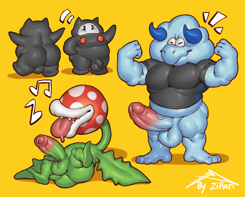 anthro balls biped black_body blue_body bulrush elemental_creature erection flora_fauna genitals green_body group hi_res humanoid male mario_bros nintendo penis piranha_plant plant simple_background trio yellow_background zi_ran